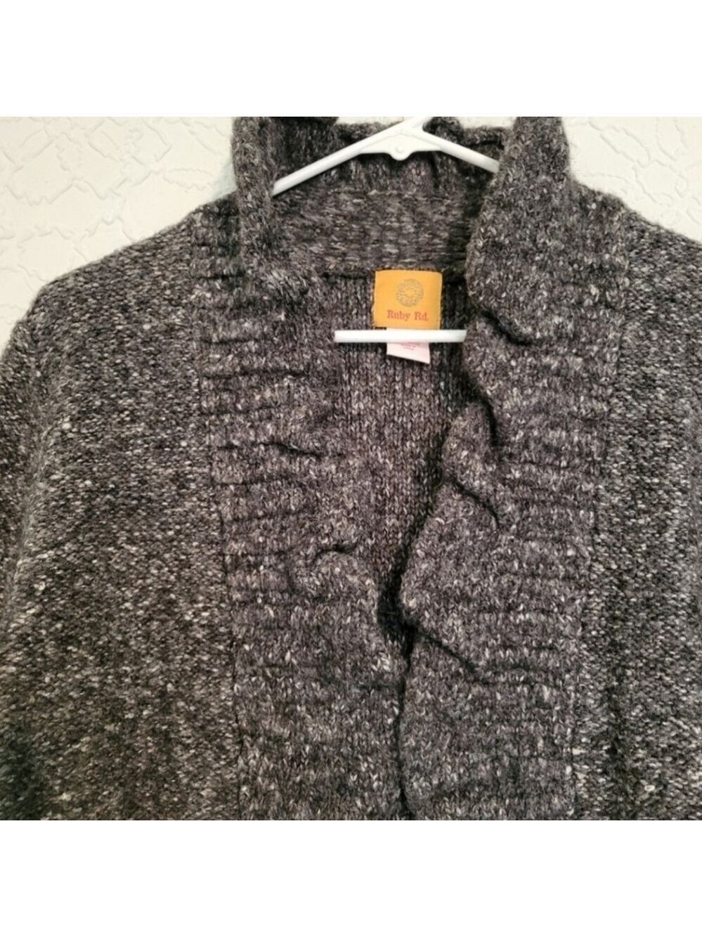 Ruby Rd. Gray Ruffled 3/4 Sleeve Open Front Cardigan Sweater Size Large - Picture 6 of 7